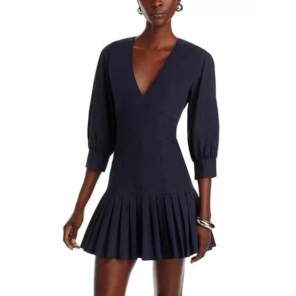 CINQ A SEPT Sawyer Navy V-Neck Pleated Minidress - Picture 2 of 13